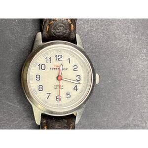 Timex Expedition Watch Women's Silver Tone 22 Indiglo WR50 Brown Leather Band